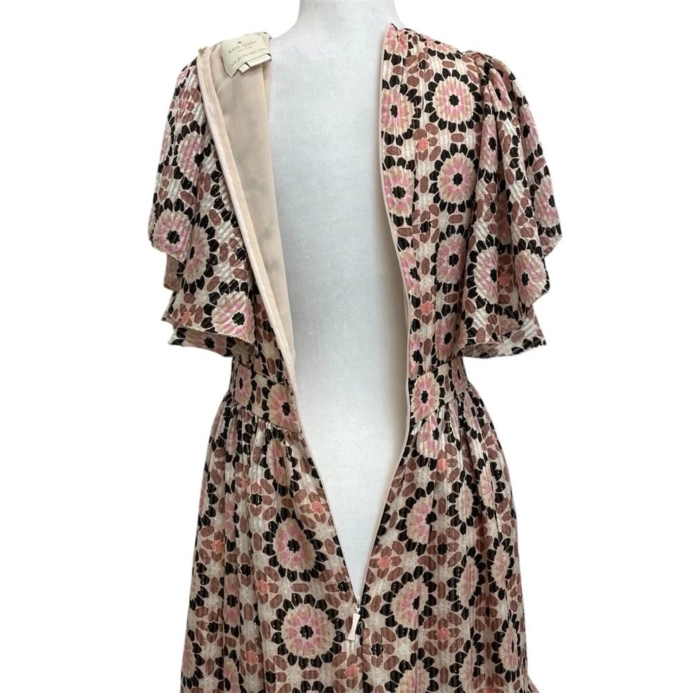 Kate Spade Pink By the Pool Mosaic Floral Print Metallic Stripe Ruffle Dress